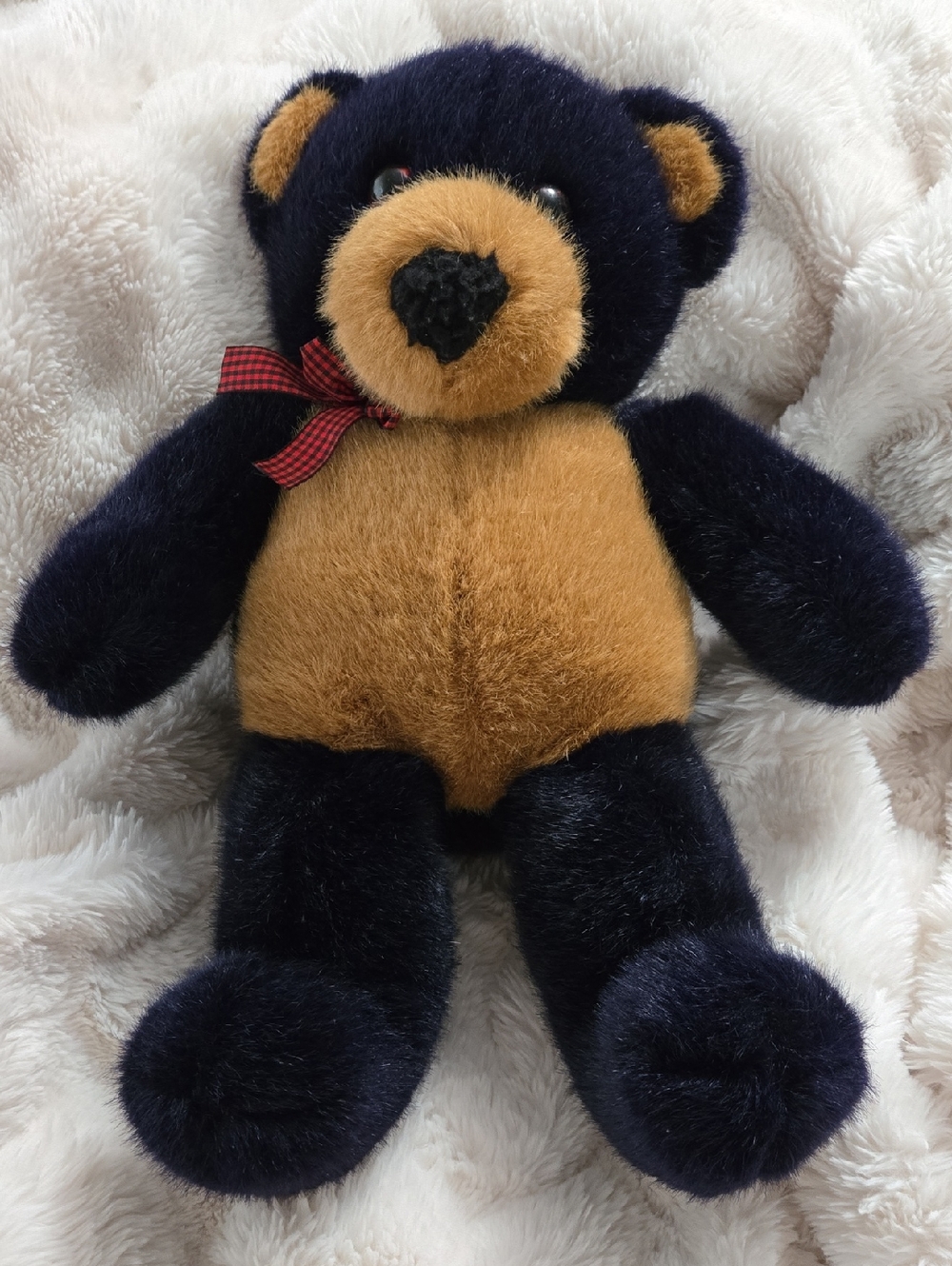 Dakini Black and Tan Plush Teddy Bear with Red Check Ribbon